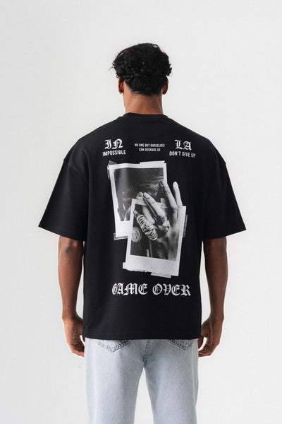 Game Over Siyah Oversize Baskılı T-Shirt