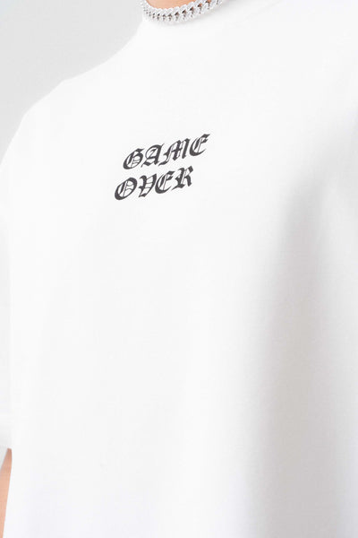 Game Over Beyaz Oversize Baskılı T-Shirt