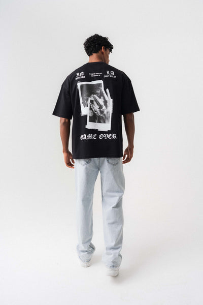 Game Over Siyah Oversize Baskılı T-Shirt