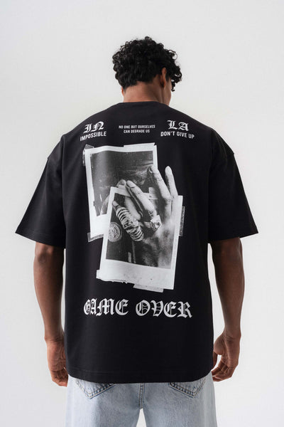 Game Over Siyah Oversize Baskılı T-Shirt