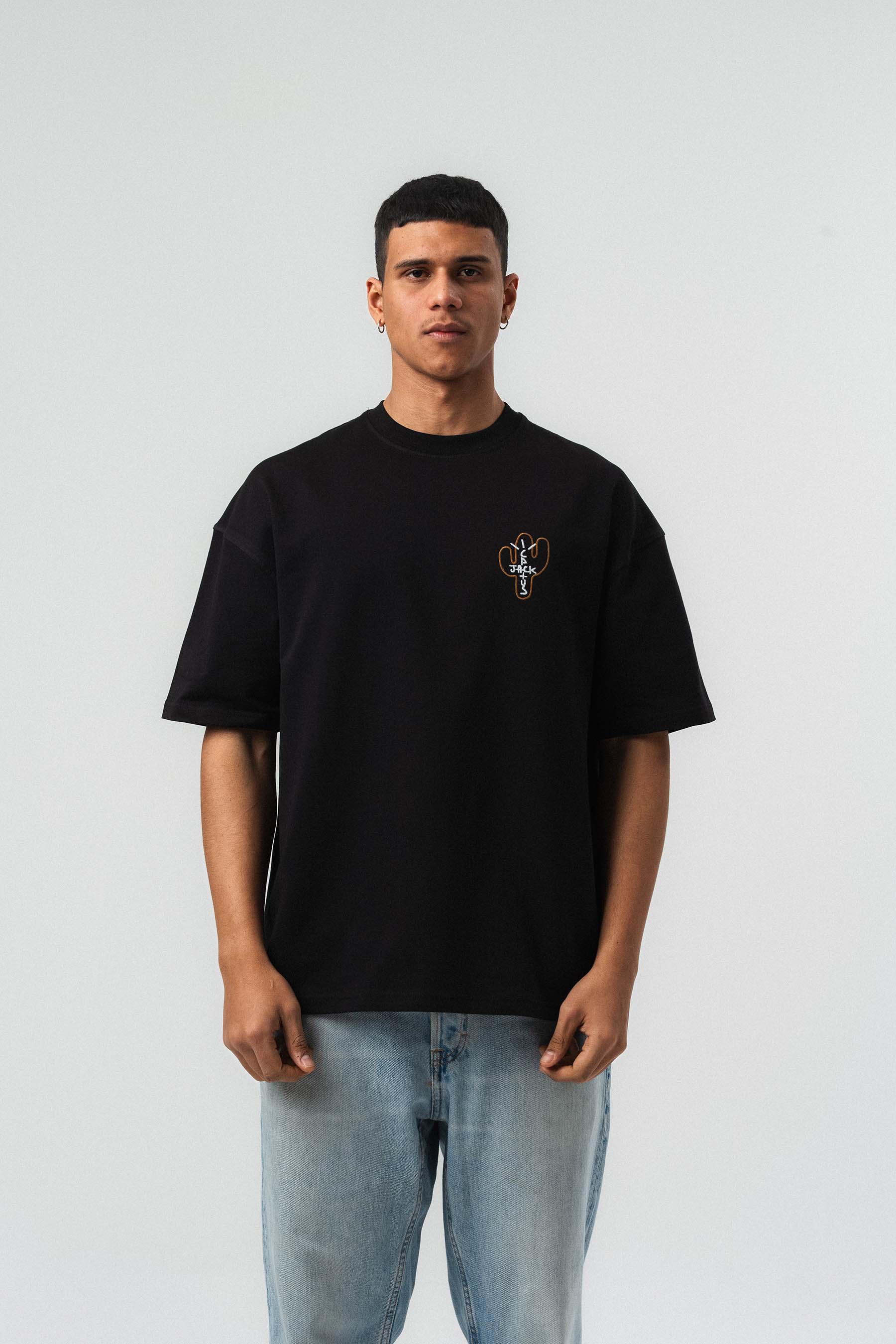 Jack Cactus Nakış Detaylı Siyah Oversize Baskılı T-Shirt