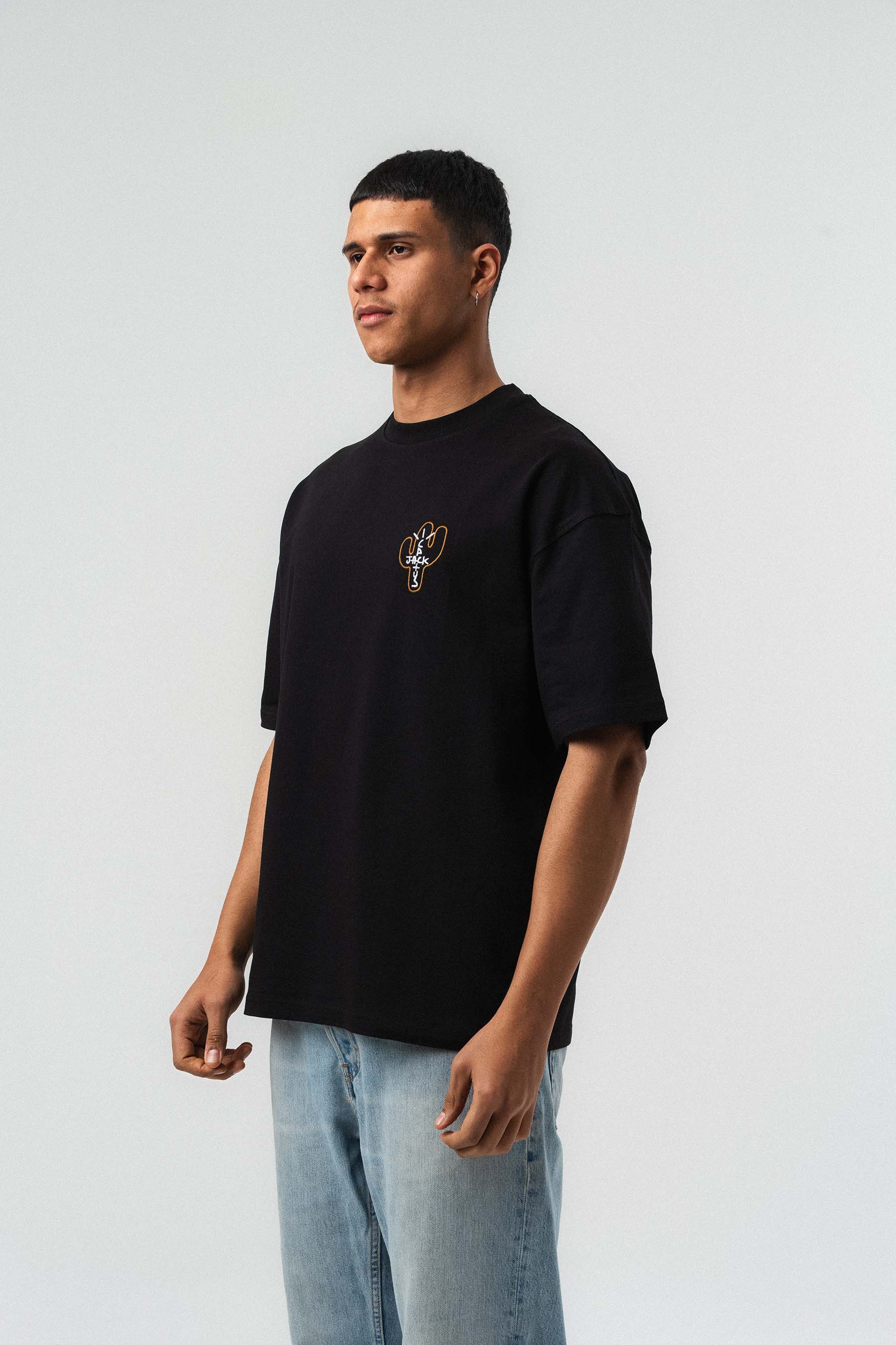 Jack Cactus Nakış Detaylı Siyah Oversize Baskılı T-Shirt