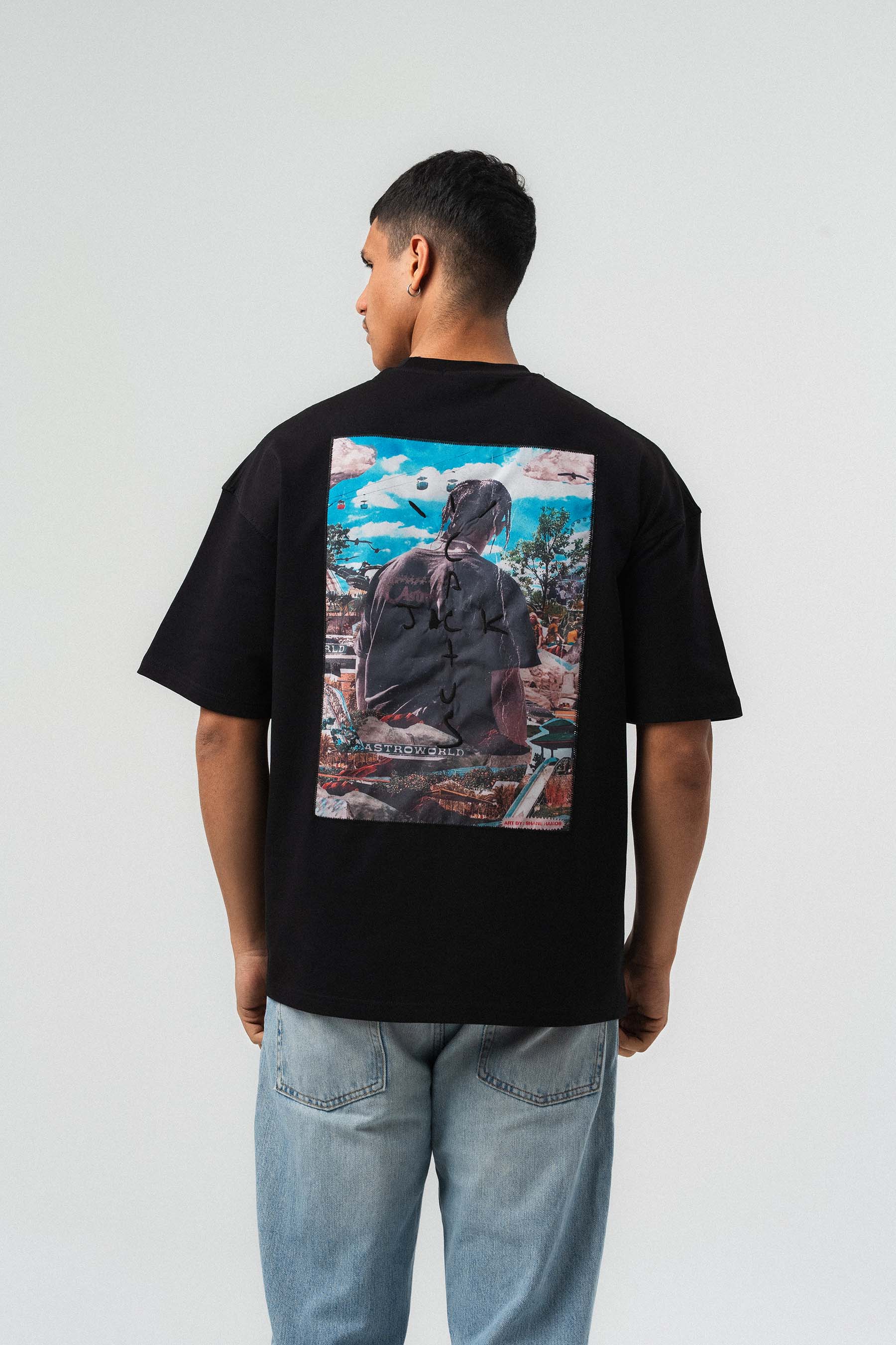 Jack Cactus Nakış Detaylı Siyah Oversize Baskılı T-Shirt