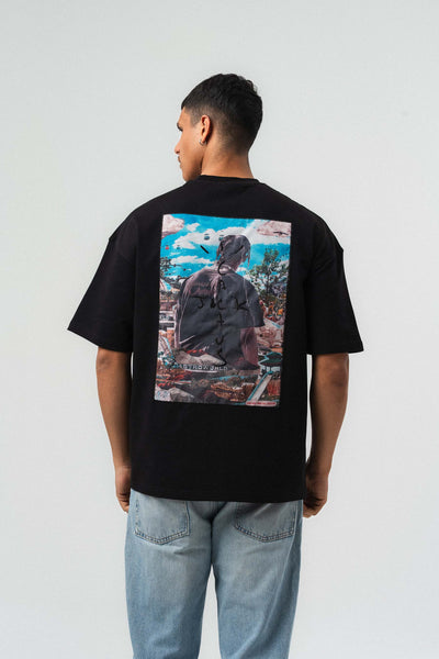 Jack Cactus Nakış Detaylı Siyah Oversize Baskılı T-Shirt
