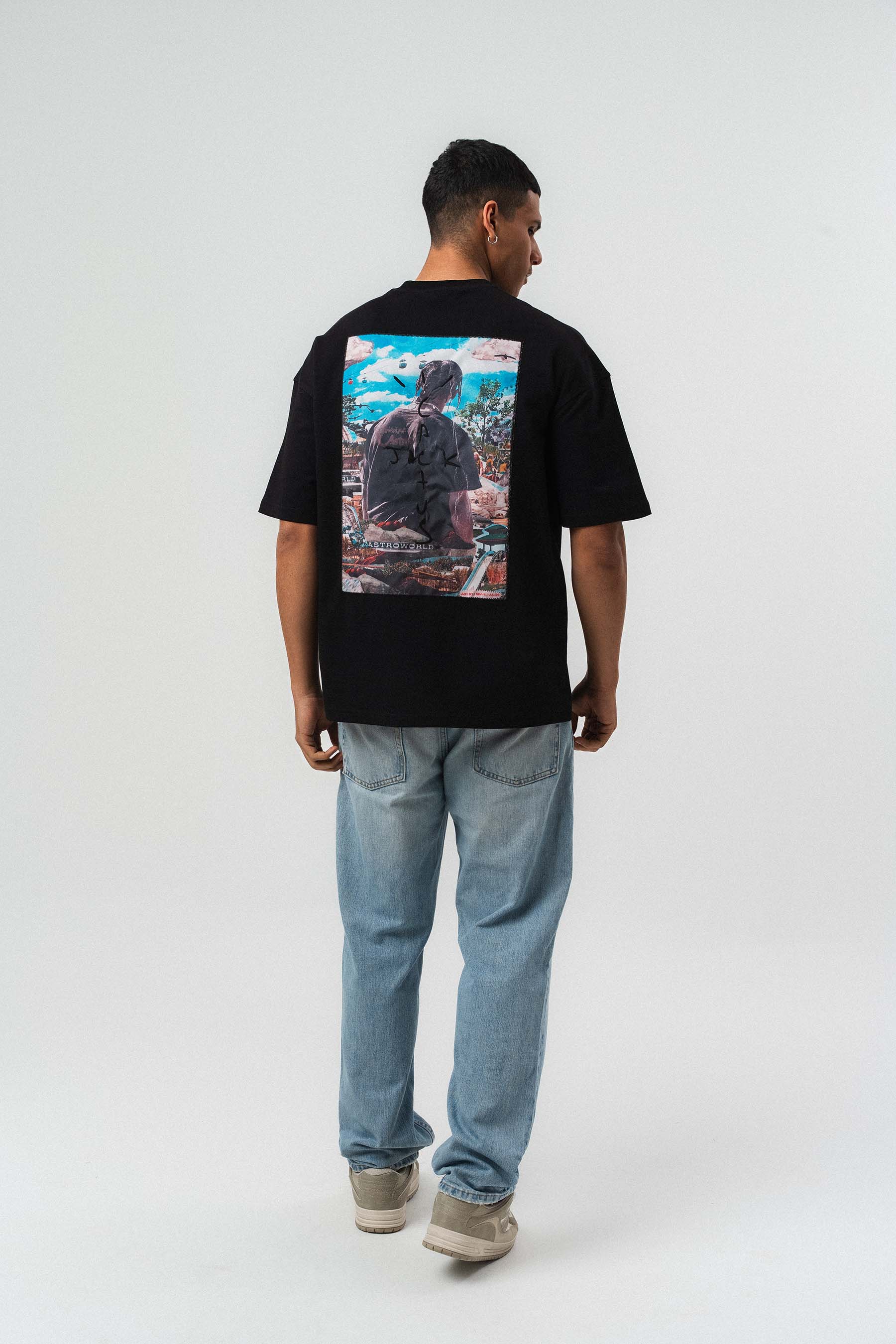 Jack Cactus Nakış Detaylı Siyah Oversize Baskılı T-Shirt
