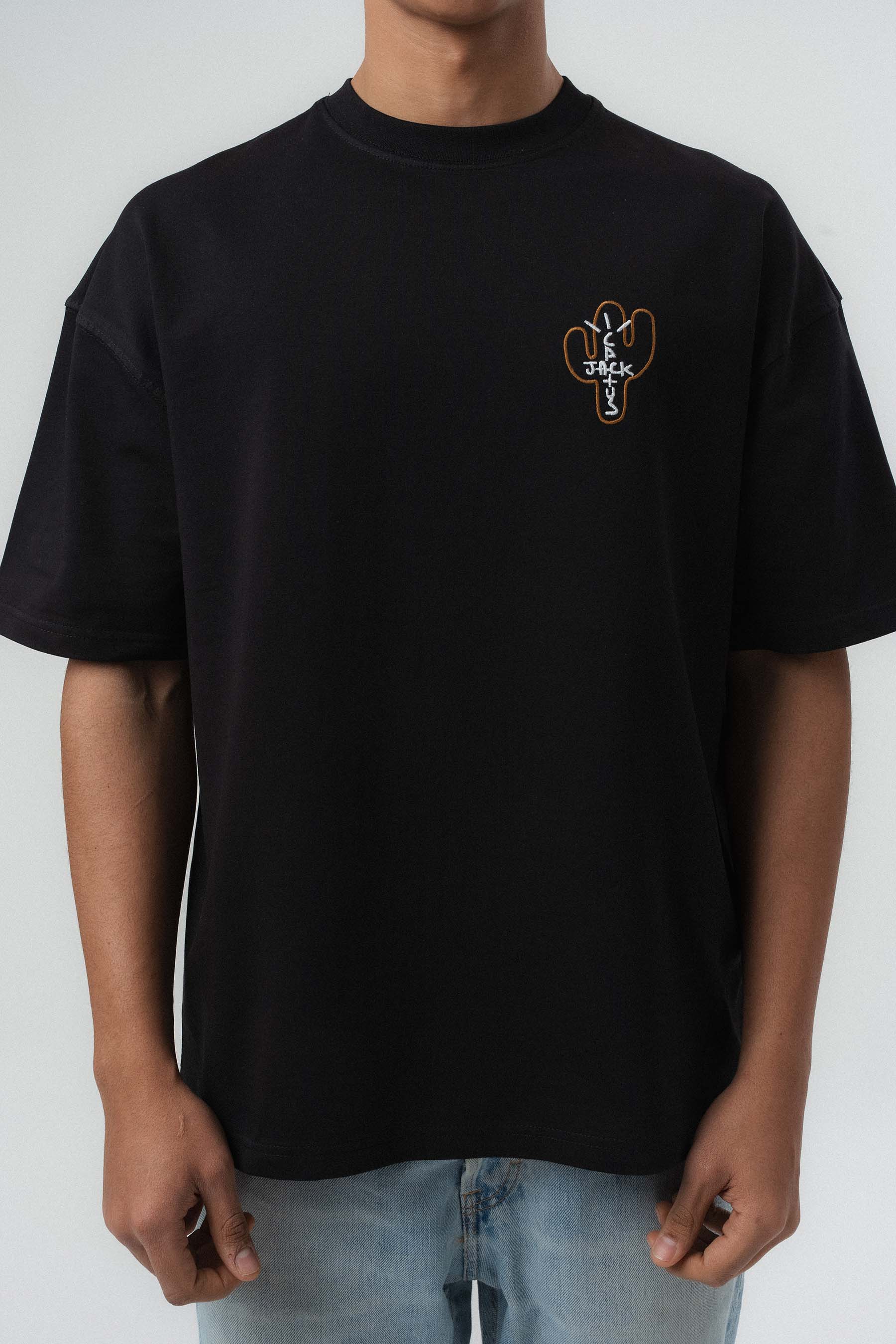 Jack Cactus Nakış Detaylı Siyah Oversize Baskılı T-Shirt