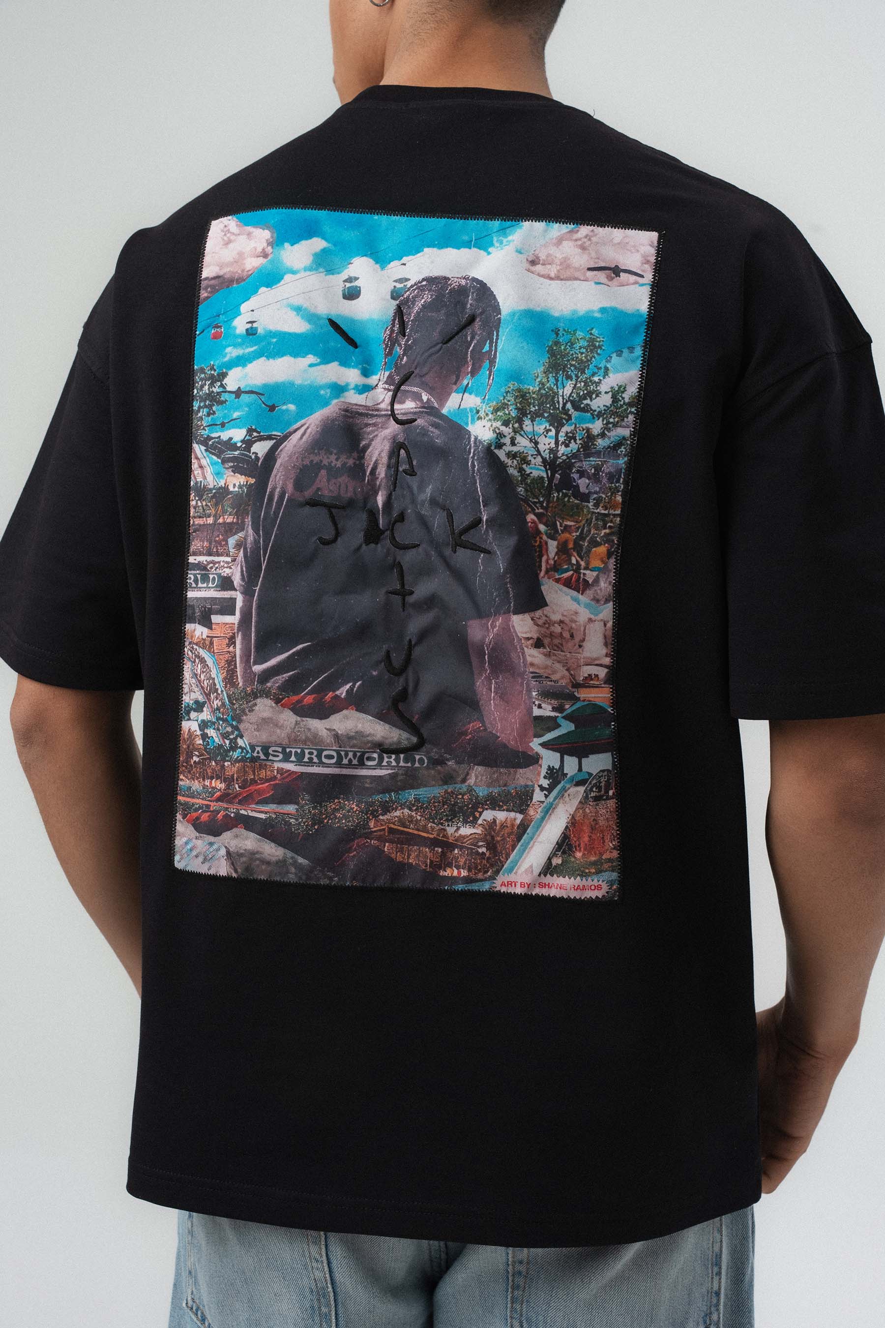 Jack Cactus Nakış Detaylı Siyah Oversize Baskılı T-Shirt