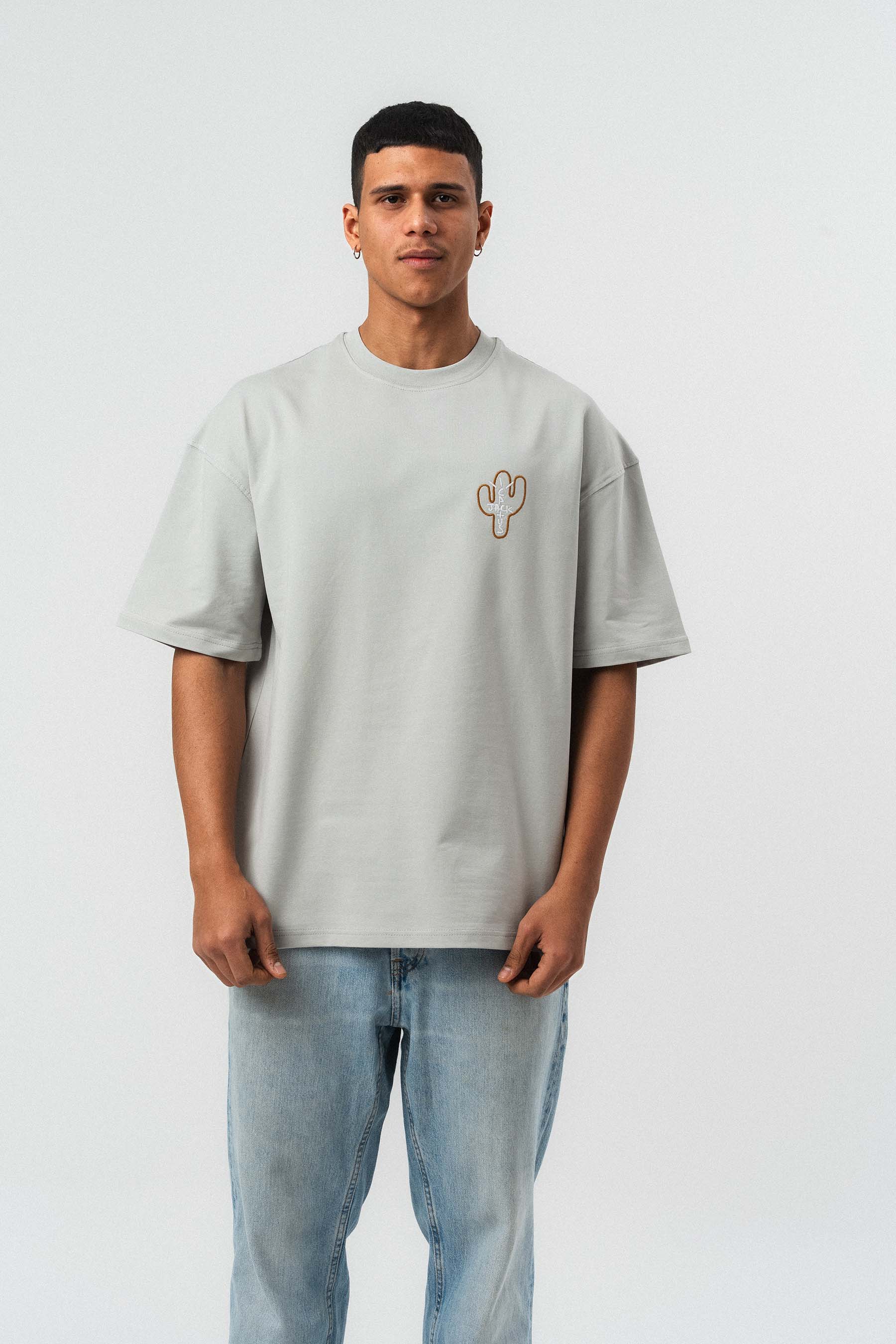 Jack Cactus Nakış Detaylı Gri Oversize Baskılı T-Shirt