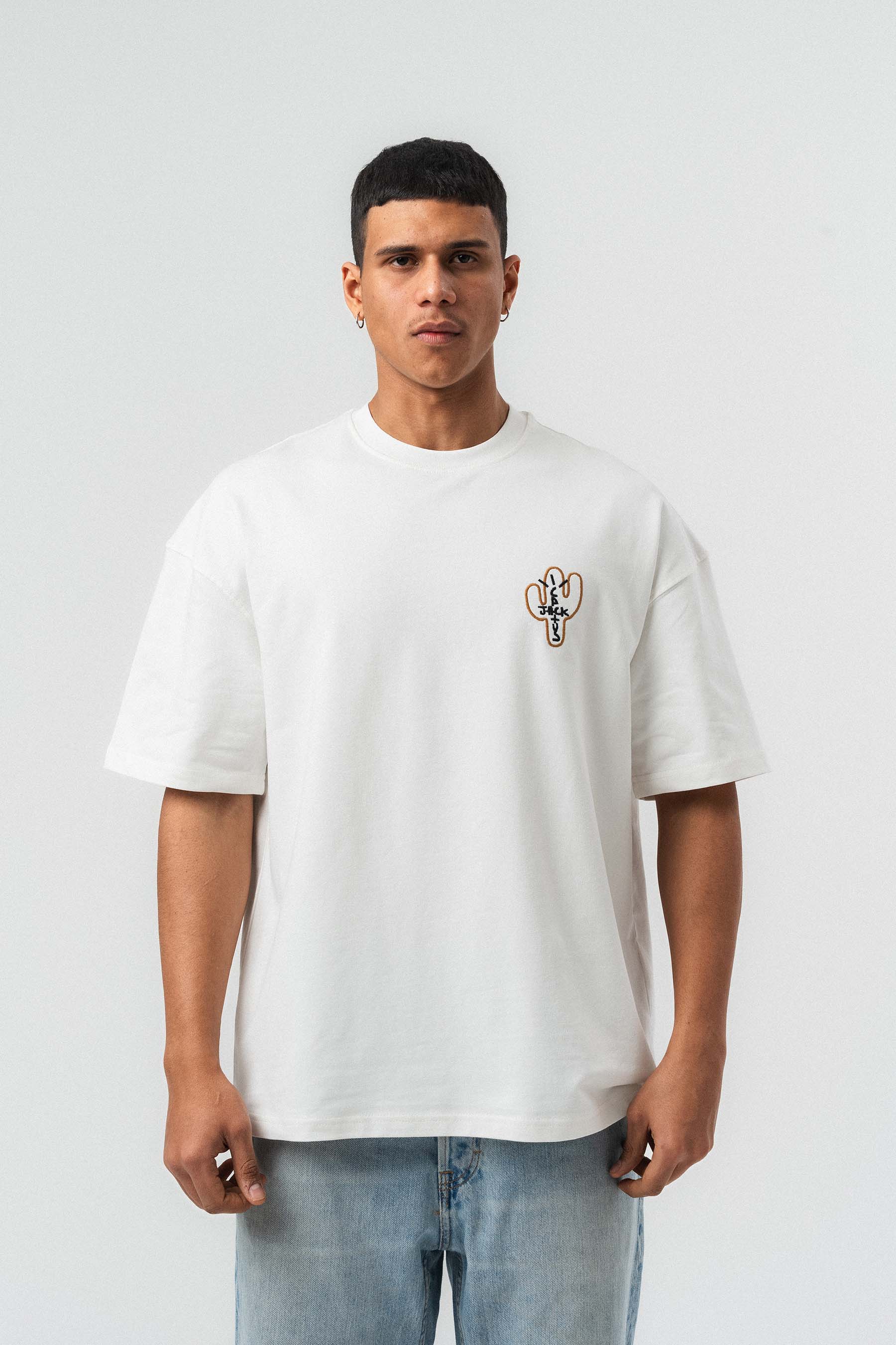 Jack Cactus Nakış Detaylı Beyaz Oversize Baskılı T-Shirt