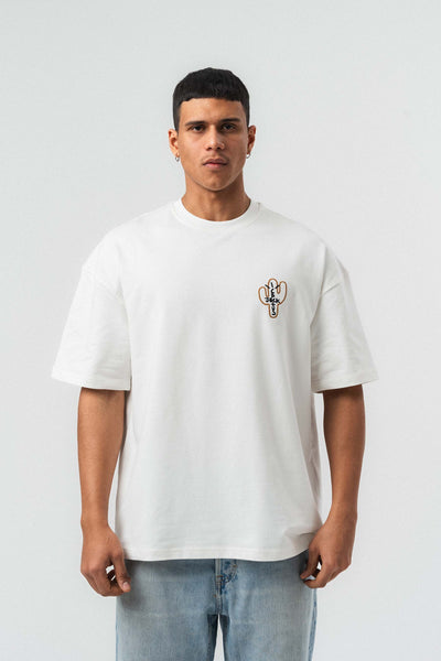 Jack Cactus Nakış Detaylı Beyaz Oversize Baskılı T-Shirt