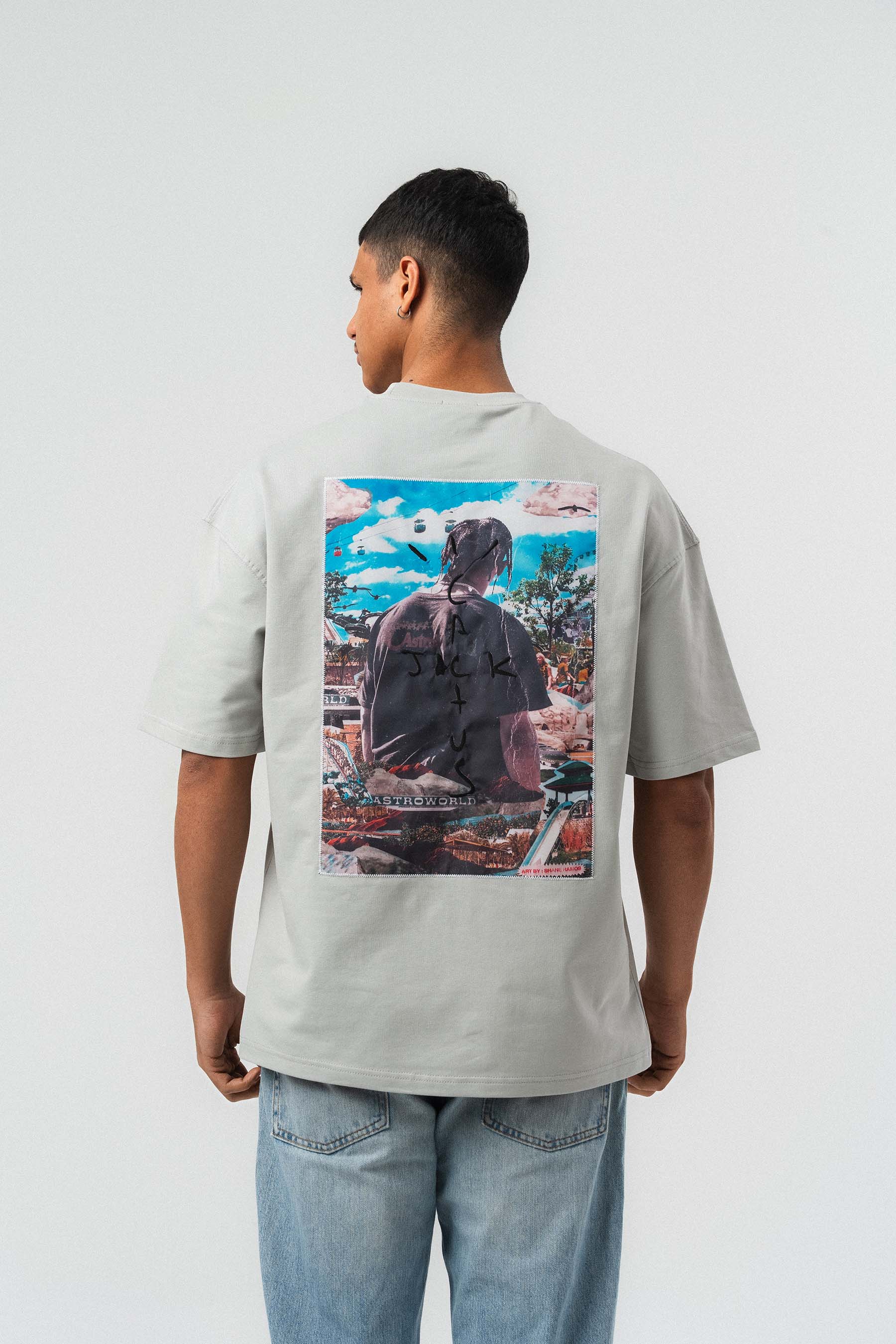 Jack Cactus Nakış Detaylı Gri Oversize Baskılı T-Shirt