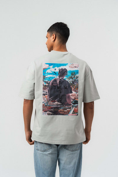 Jack Cactus Nakış Detaylı Gri Oversize Baskılı T-Shirt