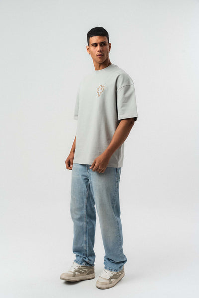 Jack Cactus Nakış Detaylı Gri Oversize Baskılı T-Shirt