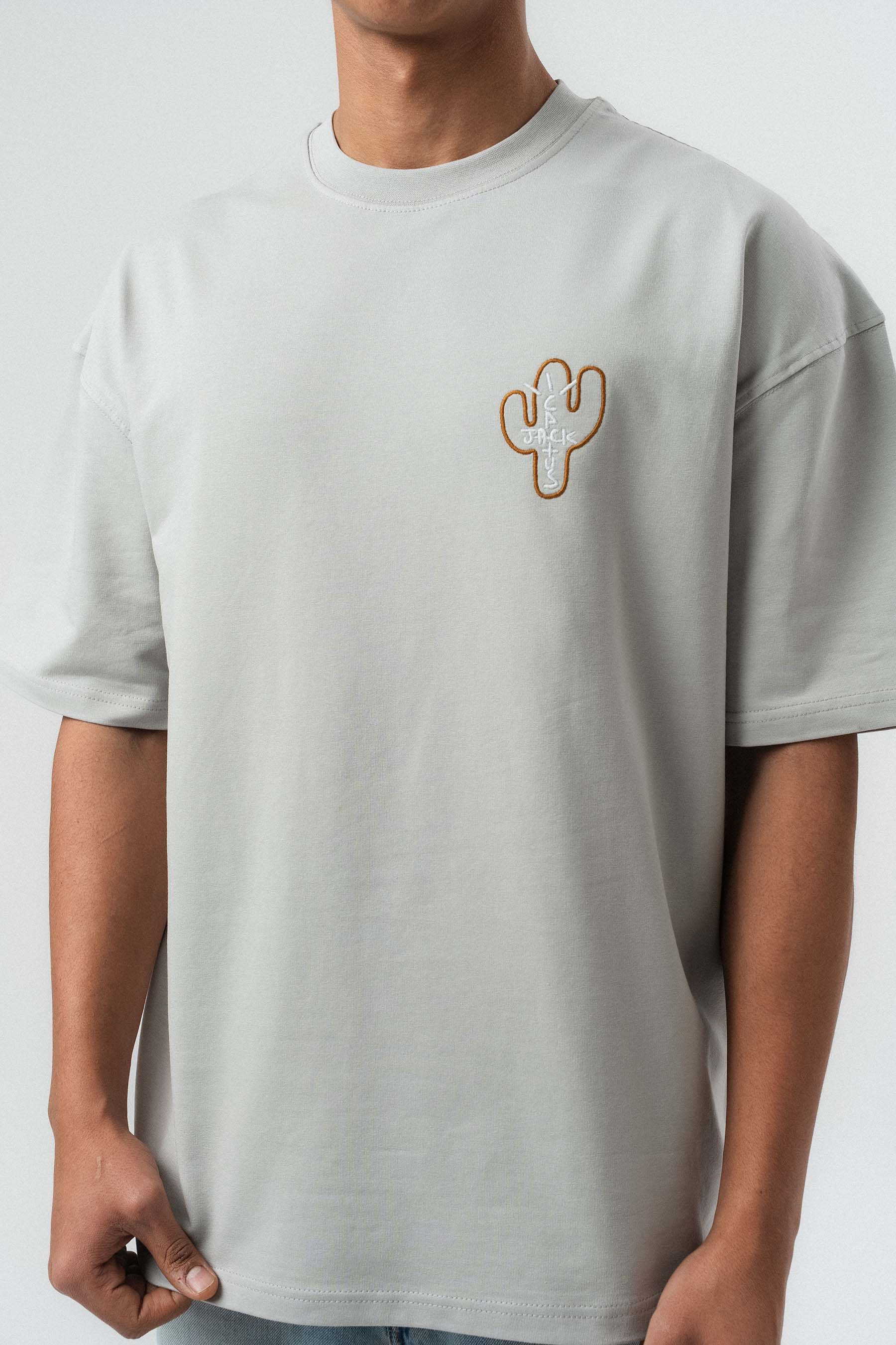 Jack Cactus Nakış Detaylı Gri Oversize Baskılı T-Shirt