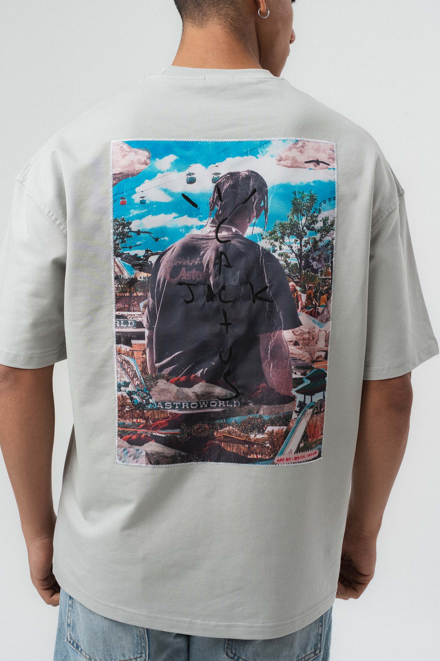 Jack Cactus Nakış Detaylı Gri Oversize Baskılı T-Shirt