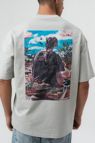 Jack Cactus Nakış Detaylı Gri Oversize Baskılı T-Shirt