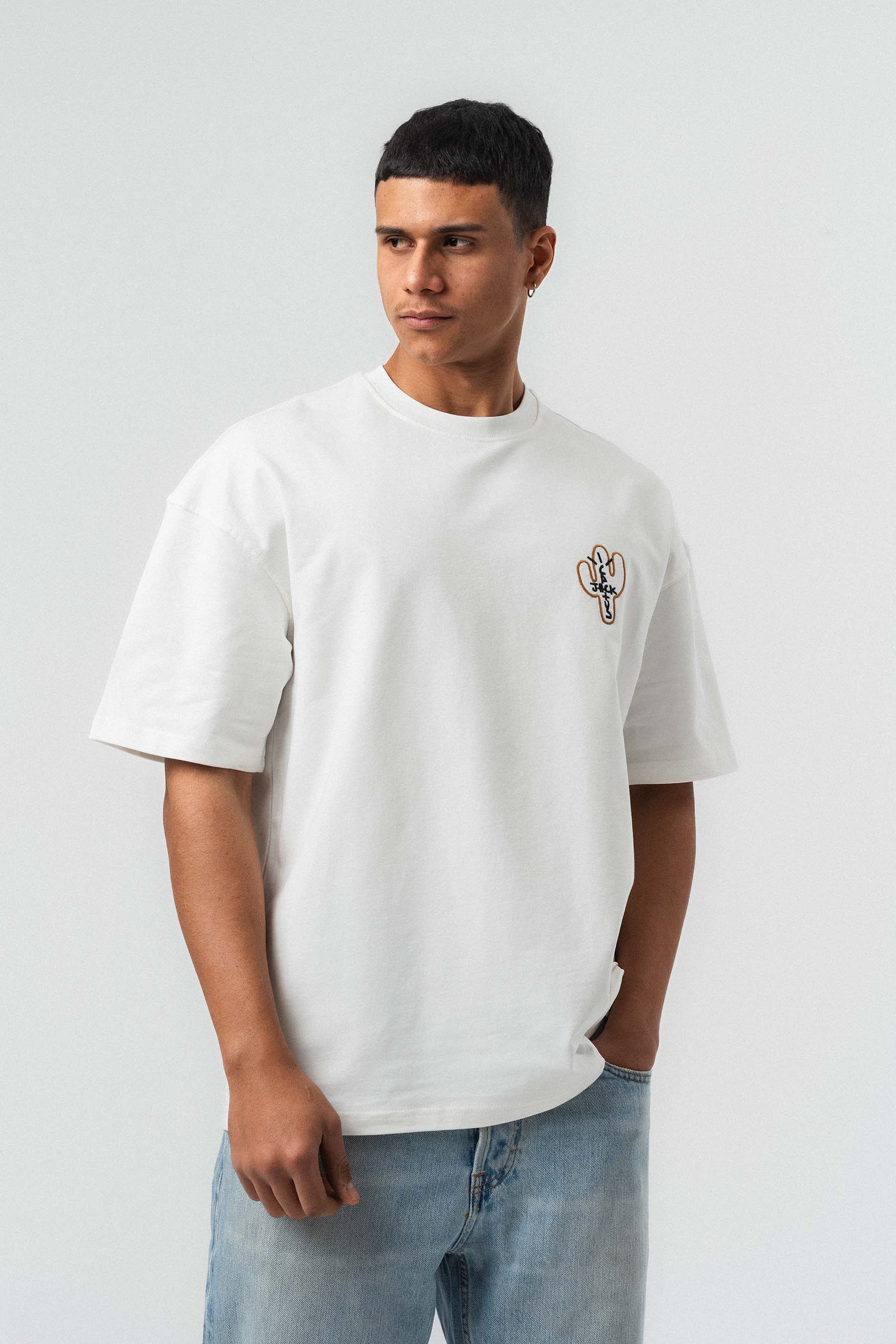 Jack Cactus Nakış Detaylı Beyaz Oversize Baskılı T-Shirt