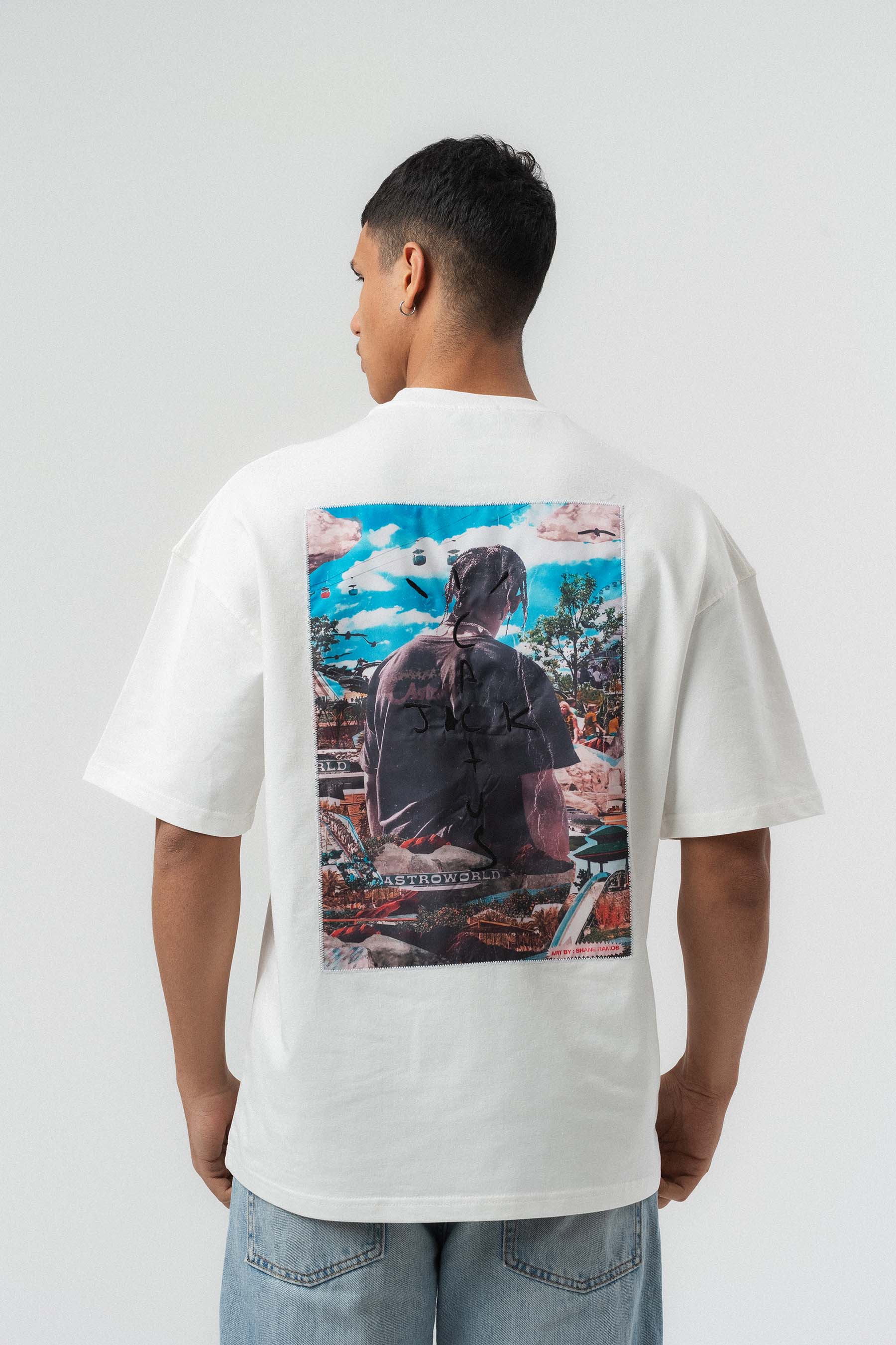 Jack Cactus Nakış Detaylı Beyaz Oversize Baskılı T-Shirt