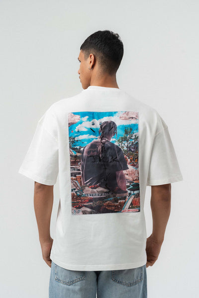Jack Cactus Nakış Detaylı Beyaz Oversize Baskılı T-Shirt
