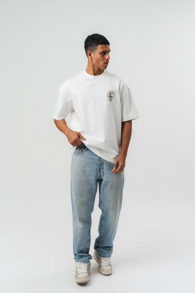 Jack Cactus Nakış Detaylı Beyaz Oversize Baskılı T-Shirt