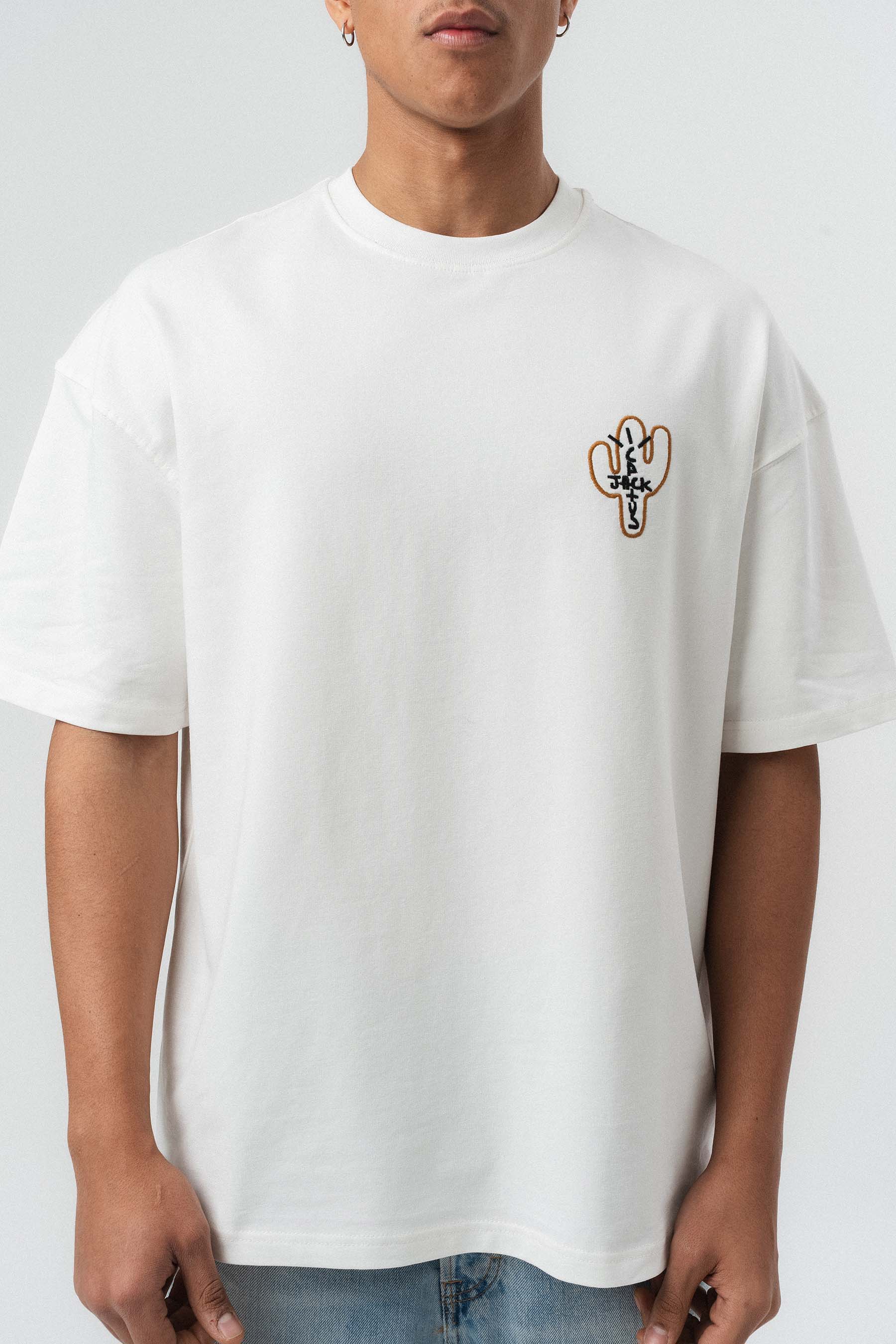 Jack Cactus Nakış Detaylı Beyaz Oversize Baskılı T-Shirt