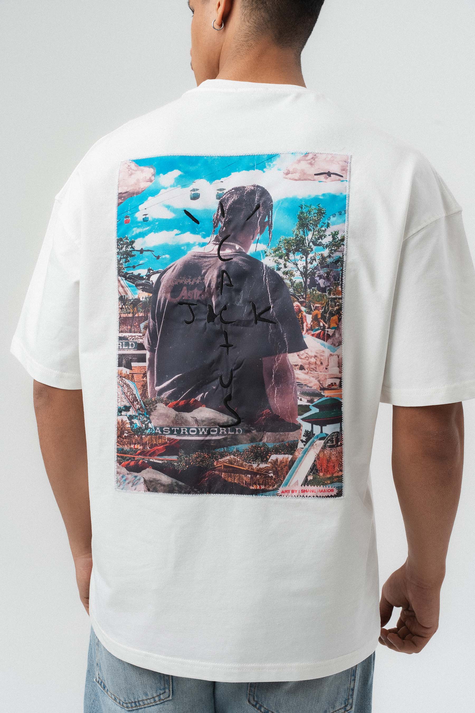 Jack Cactus Nakış Detaylı Beyaz Oversize Baskılı T-Shirt