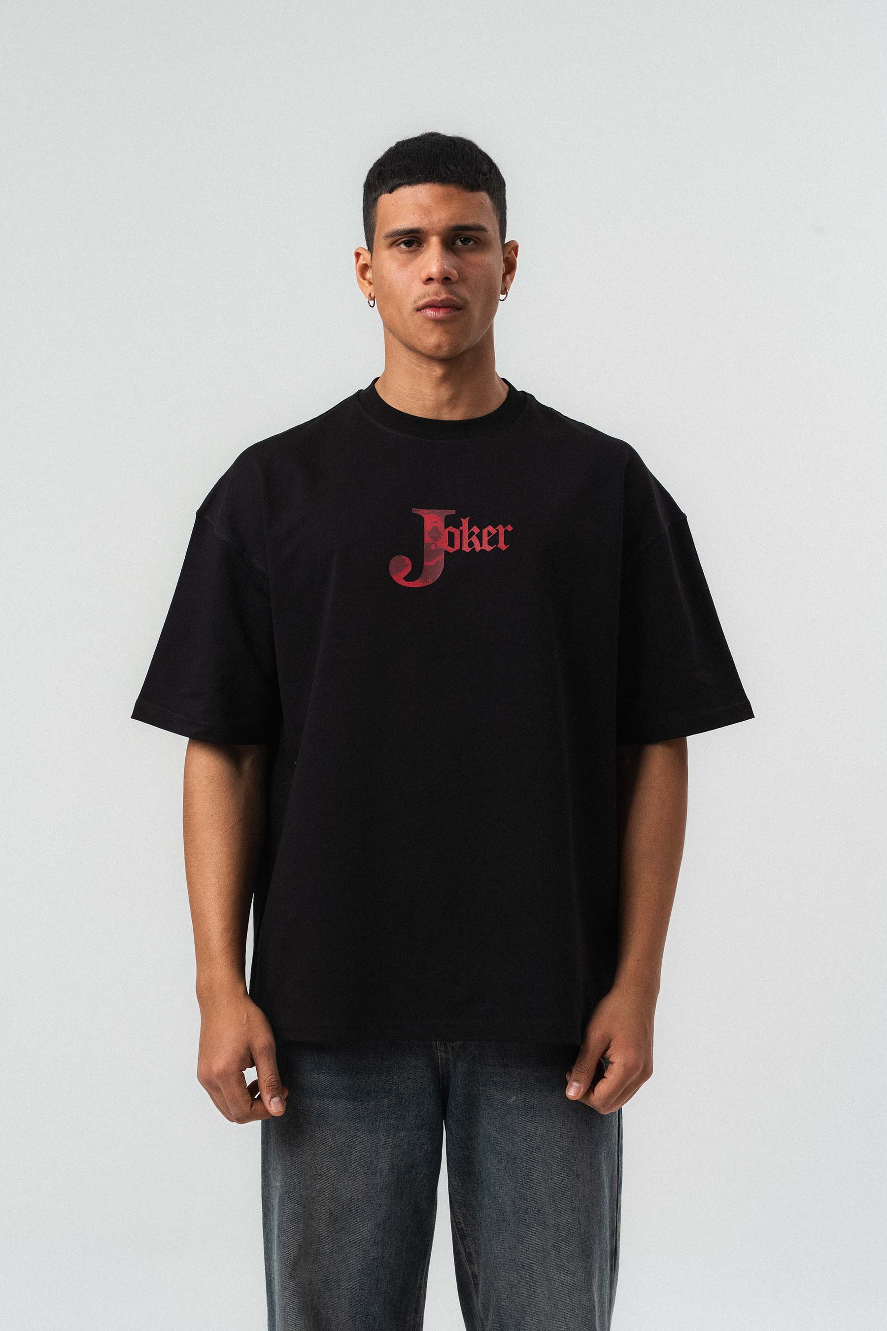 Joker Kabartmalı Siyah Oversize Baskılı T-Shirt