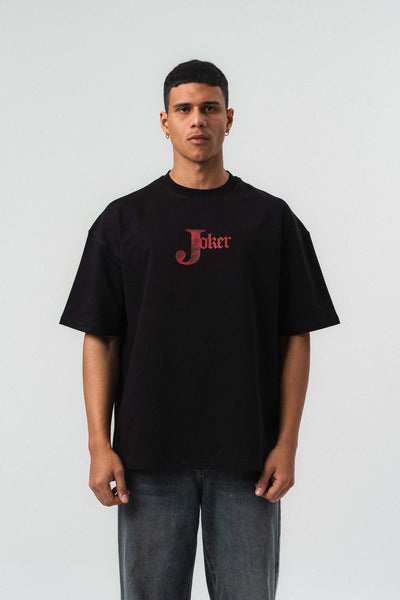 Joker Kabartmalı Siyah Oversize Baskılı T-Shirt