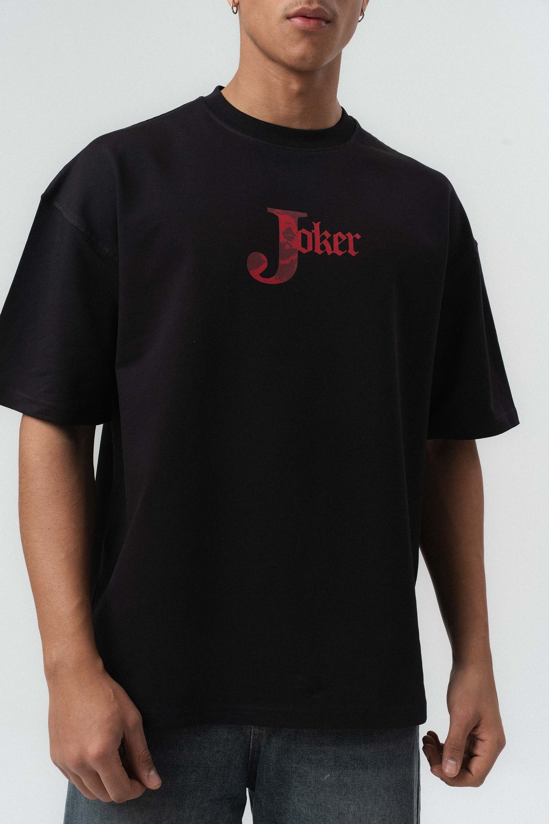 Joker Kabartmalı Siyah Oversize Baskılı T-Shirt