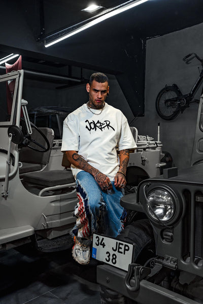 Joker Mor Ceketli Patch Baskı Oversize Beyaz Tshirt