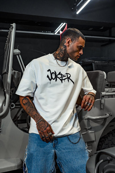 Joker Mor Ceketli Patch Baskı Oversize Beyaz Tshirt