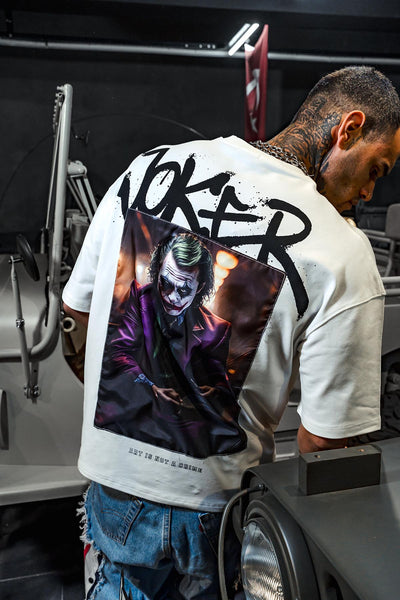 Joker Mor Ceketli Patch Baskı Oversize Beyaz Tshirt