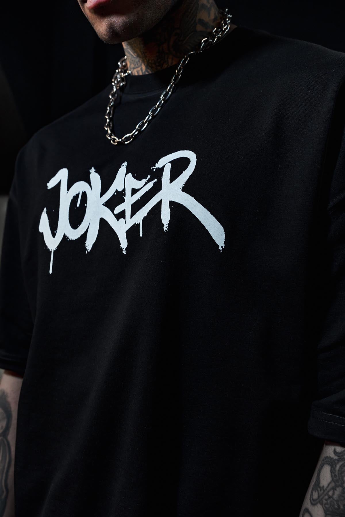 Joker Mor Ceketli Patch Baskı Oversize Siyah Tshirt