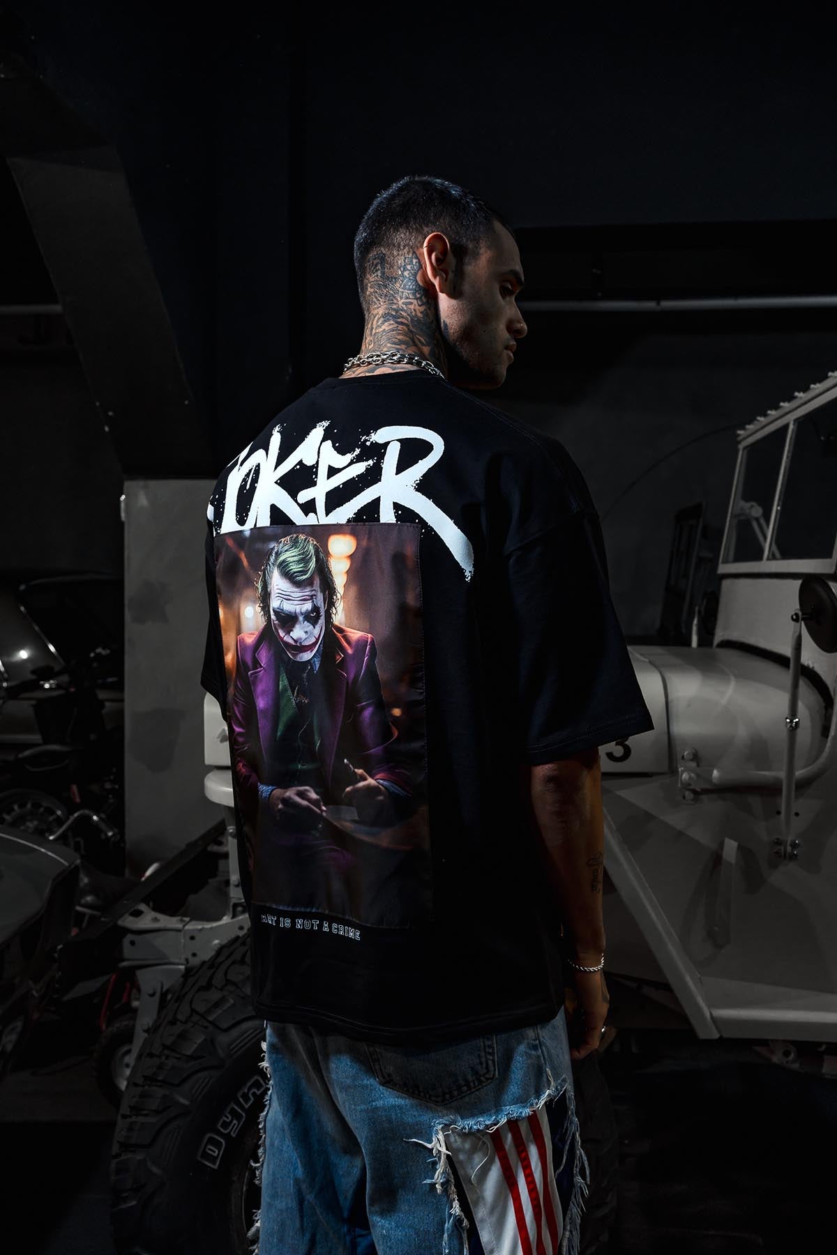 Joker Mor Ceketli Patch Baskı Oversize Siyah Tshirt