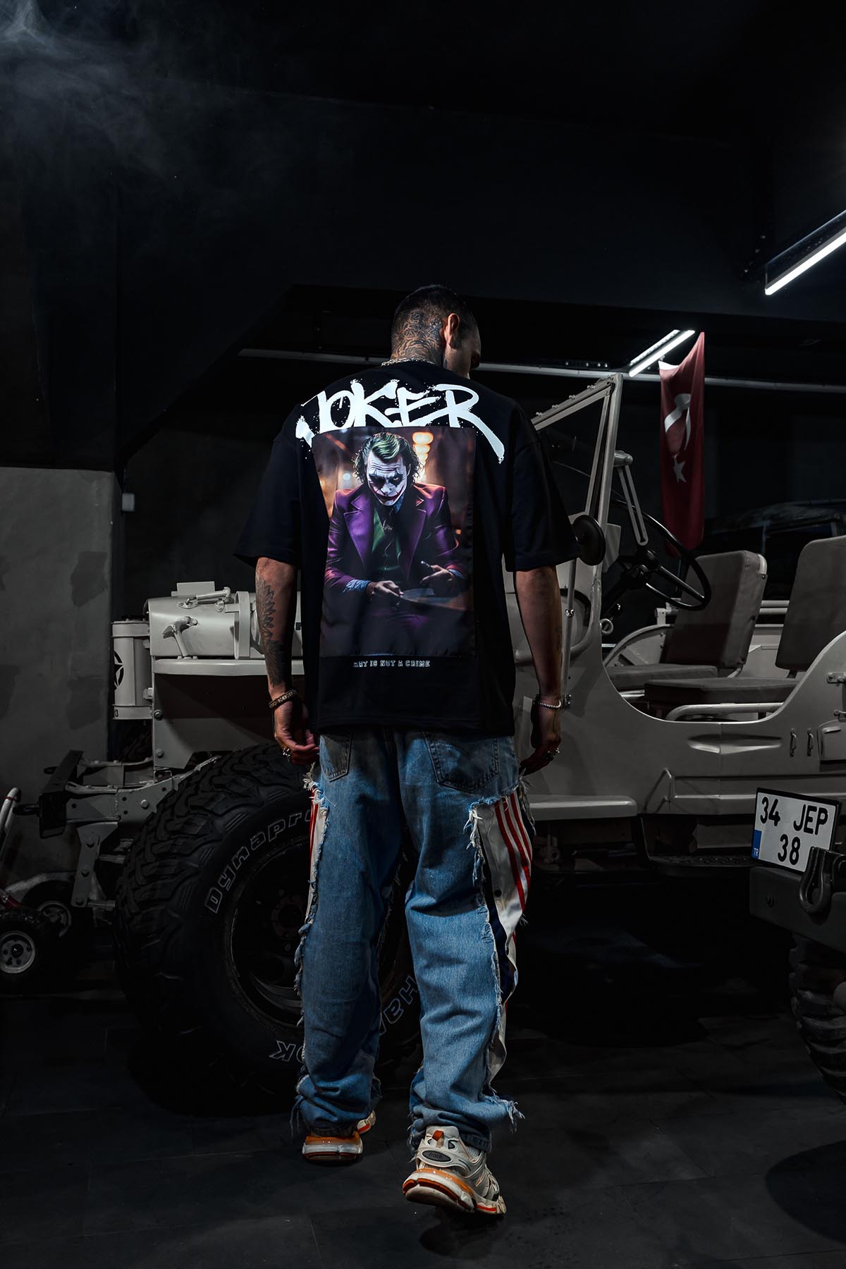 Joker Mor Ceketli Patch Baskı Oversize Siyah Tshirt