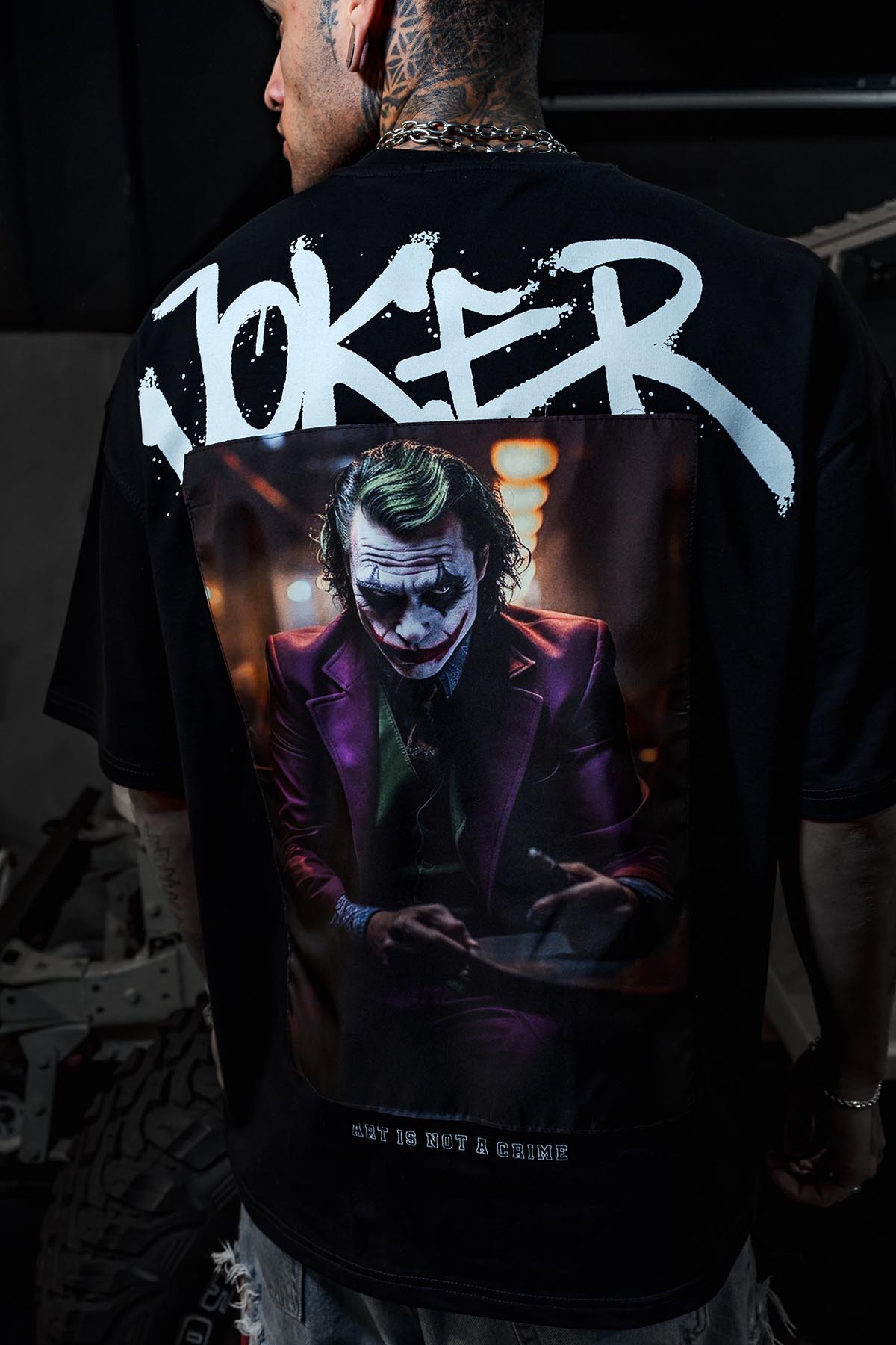 Joker Mor Ceketli Patch Baskı Oversize Siyah Tshirt