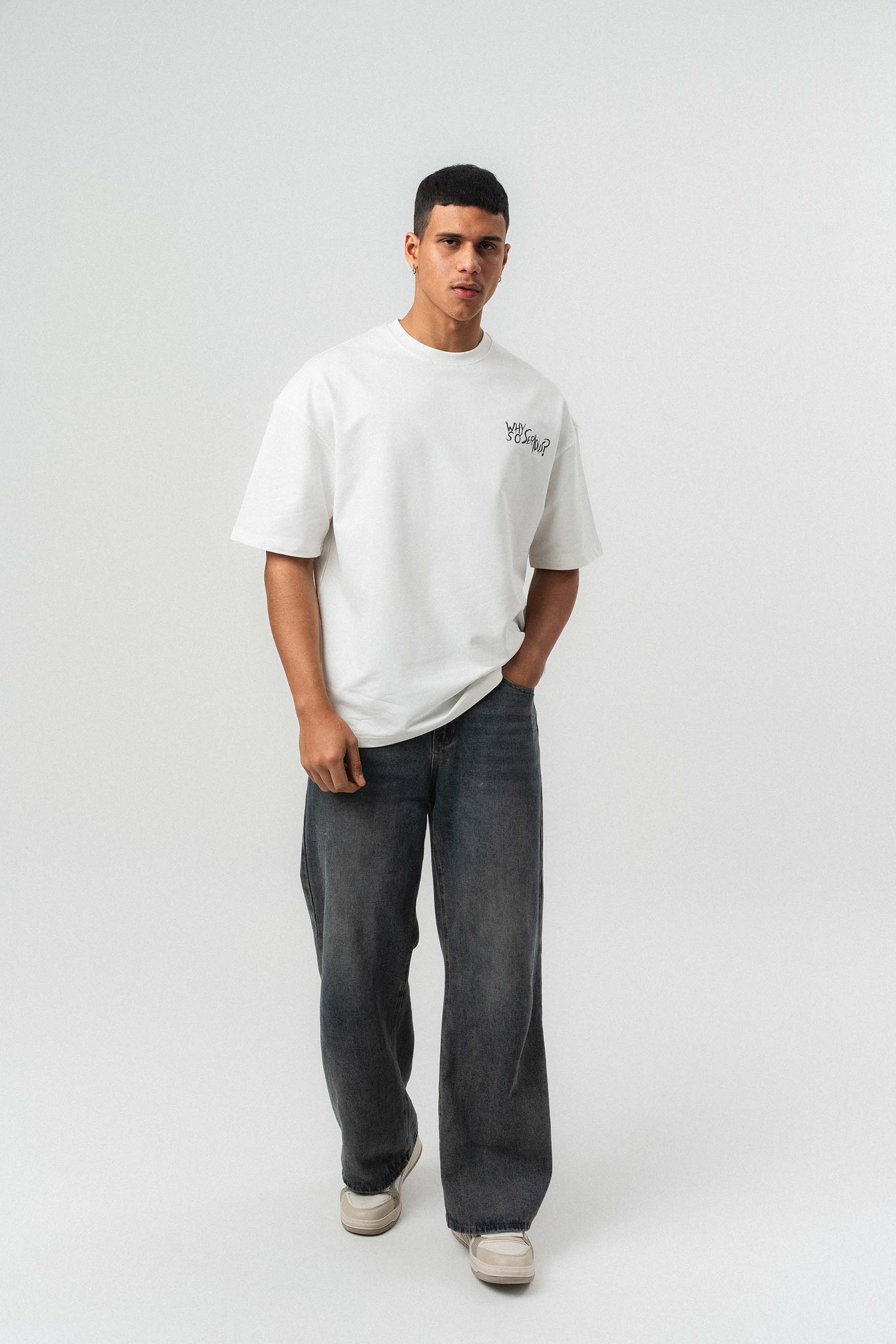 Why So Serious Nakışlı Beyaz Oversize Baskılı T-Shirt