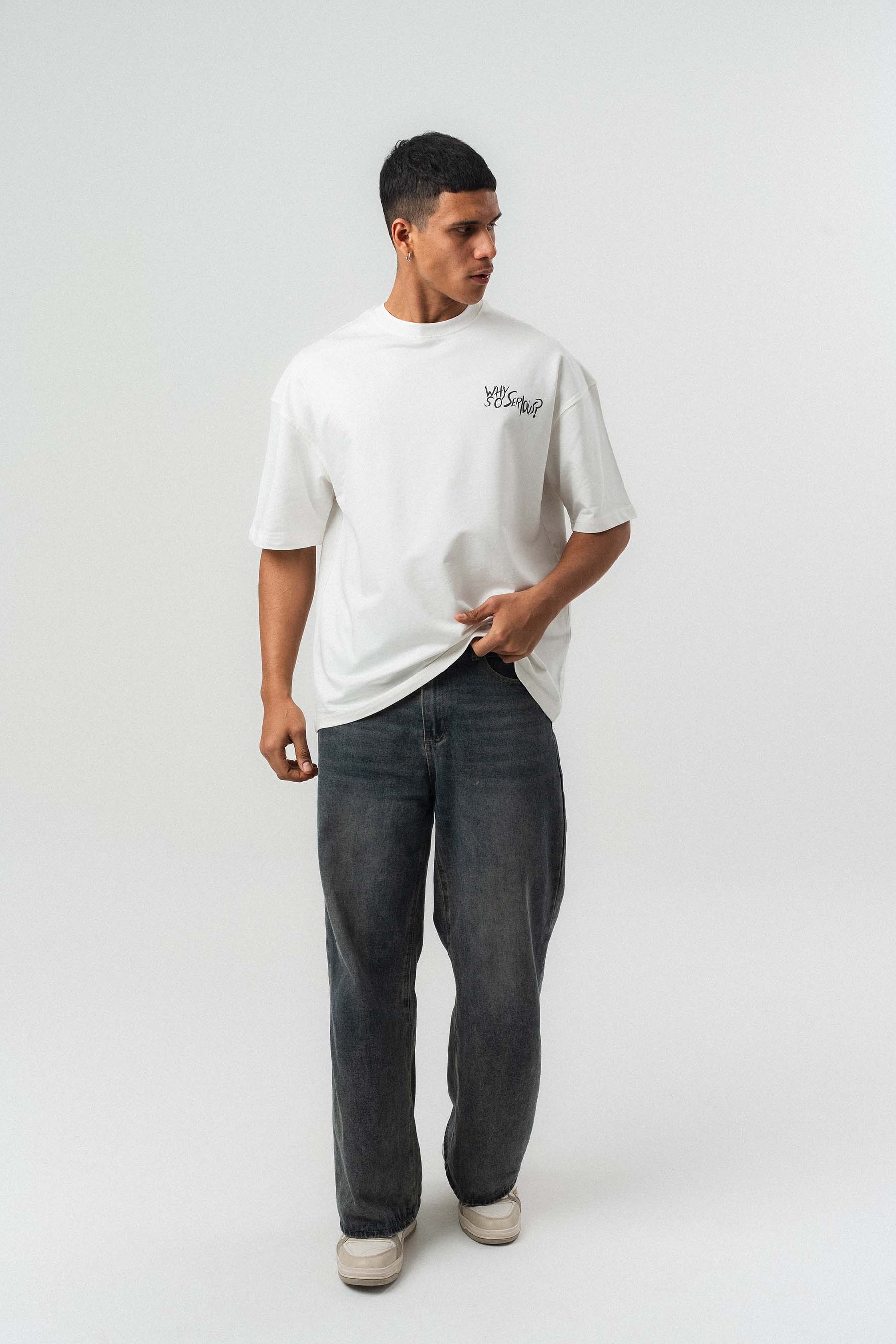 Why So Serious Nakışlı Beyaz Oversize Baskılı T-Shirt