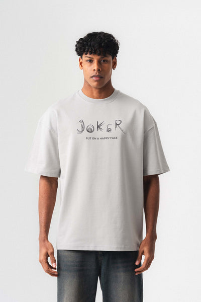 Joker Put On Happy Face Gri Oversize Baskılı T-Shirt