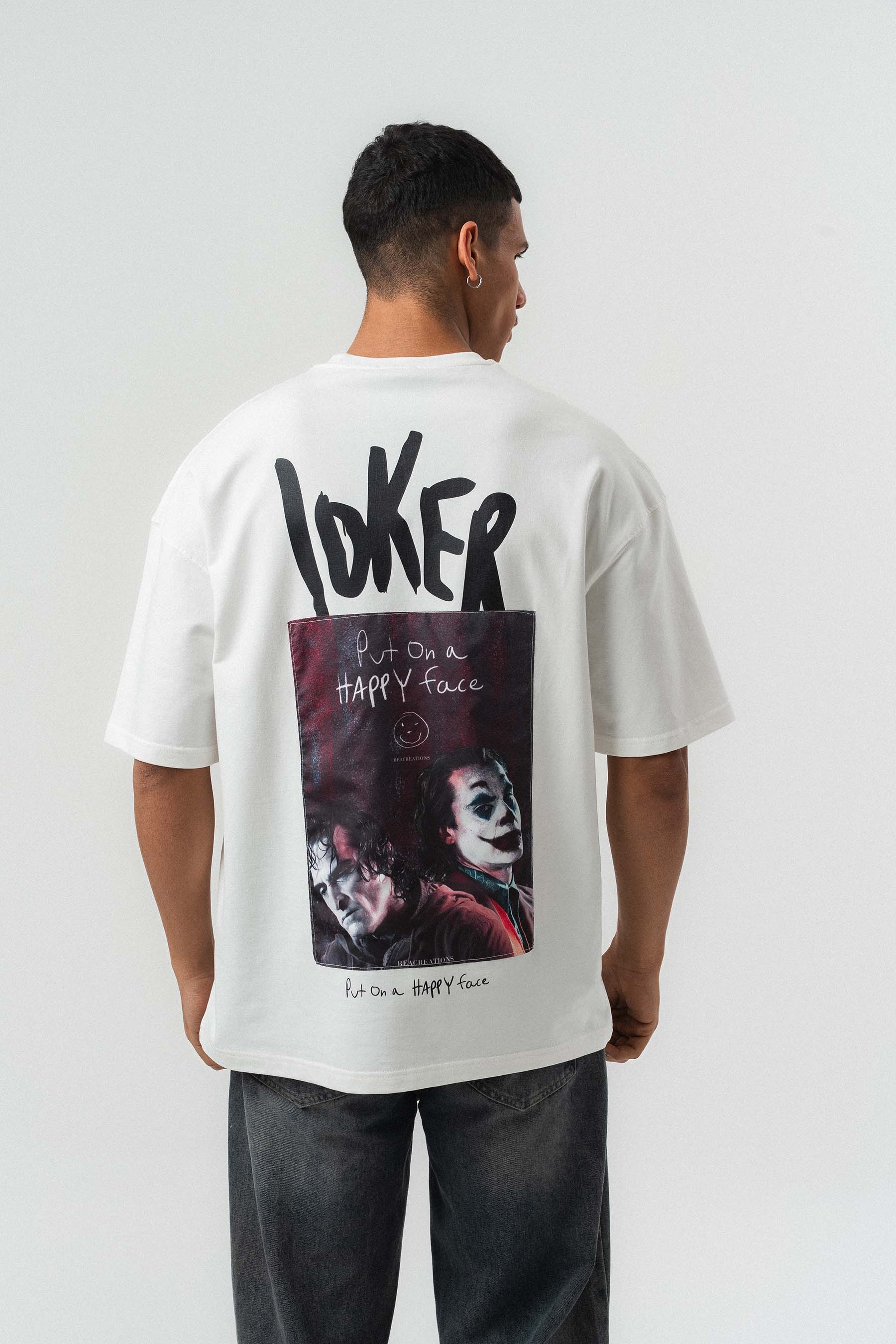 Joker Put On Happy Face Baskılı Beyaz Oversize Baskılı T-Shirt