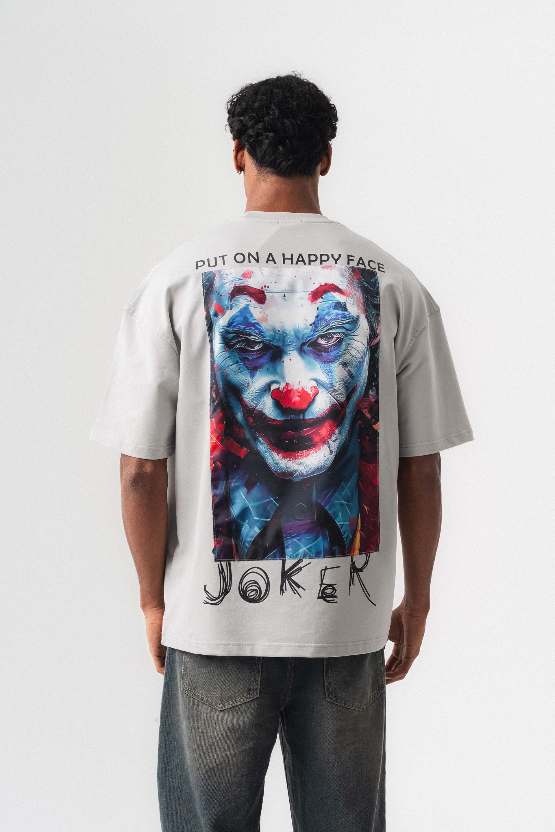 Joker Put On Happy Face Gri Oversize Baskılı T-Shirt