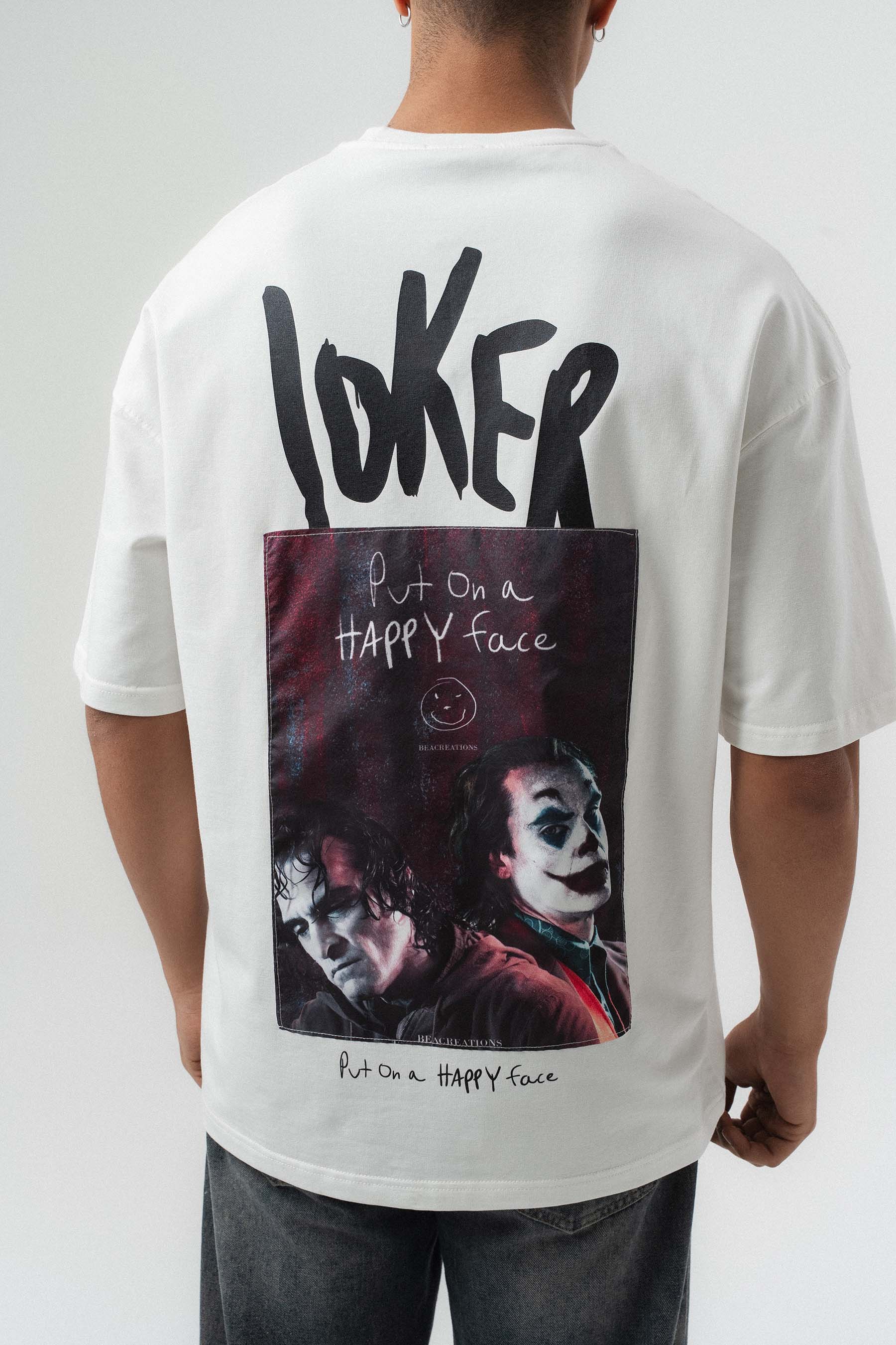 Joker Put On Happy Face Baskılı Beyaz Oversize Baskılı T-Shirt