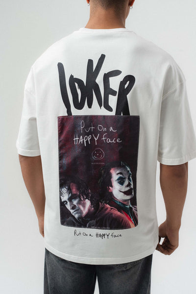 Joker Put On Happy Face Baskılı Beyaz Oversize Baskılı T-Shirt