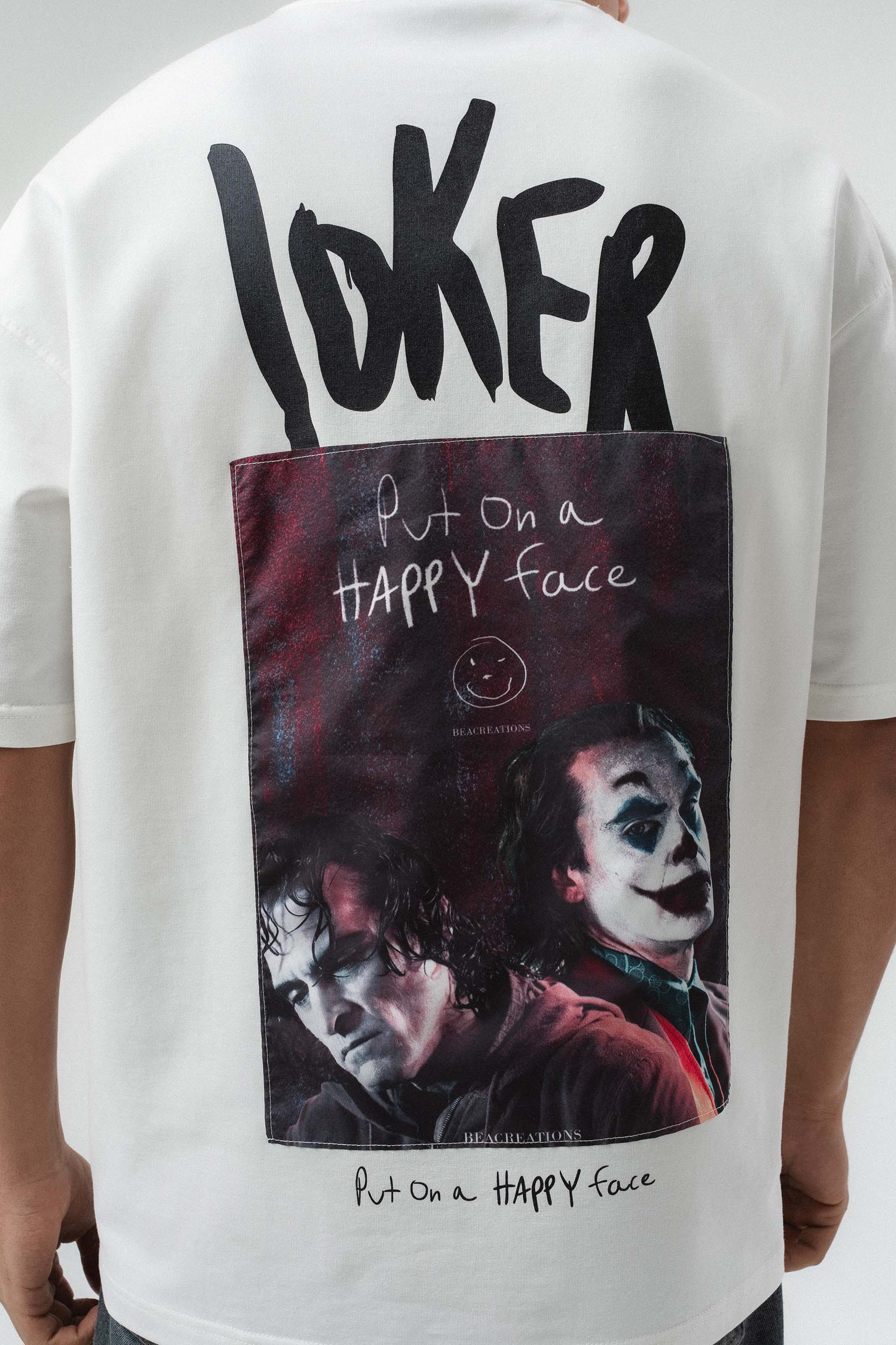 Joker Put On Happy Face Baskılı Beyaz Oversize Baskılı T-Shirt