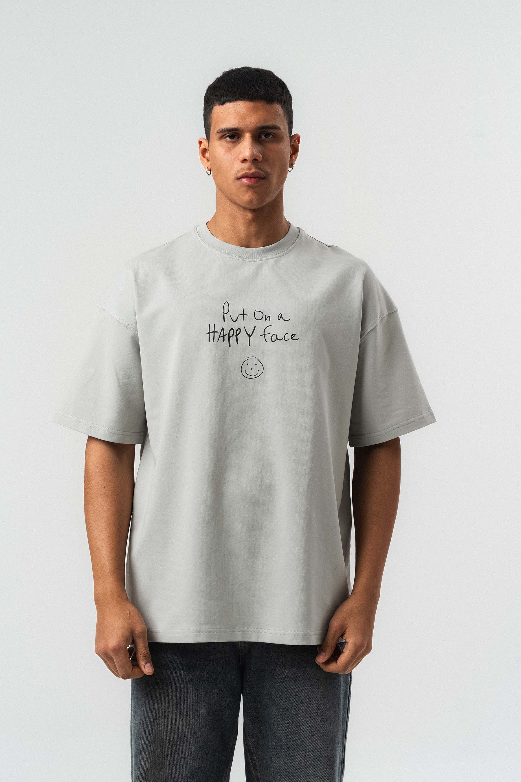 Joker Put On Happy Face Baskılı Gri Oversize Baskılı T-Shirt