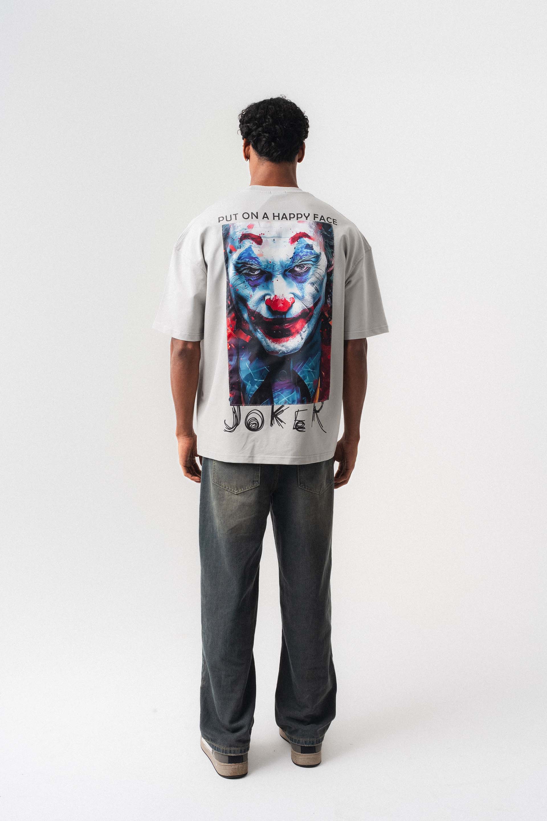 Joker Put On Happy Face Gri Oversize Baskılı T-Shirt