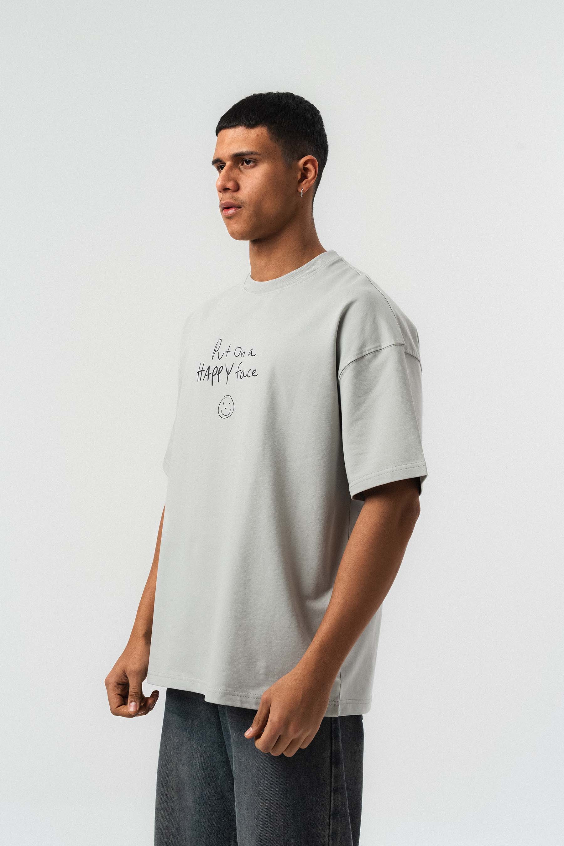 Joker Put On Happy Face Baskılı Gri Oversize Baskılı T-Shirt