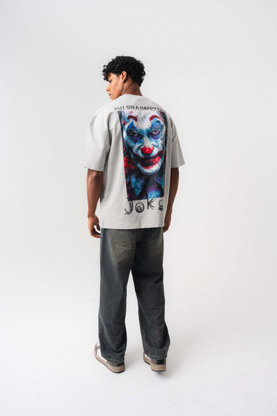Joker Put On Happy Face Gri Oversize Baskılı T-Shirt