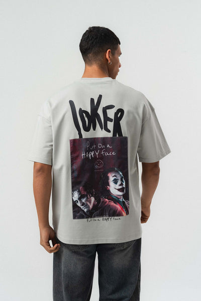 Joker Put On Happy Face Baskılı Gri Oversize Baskılı T-Shirt