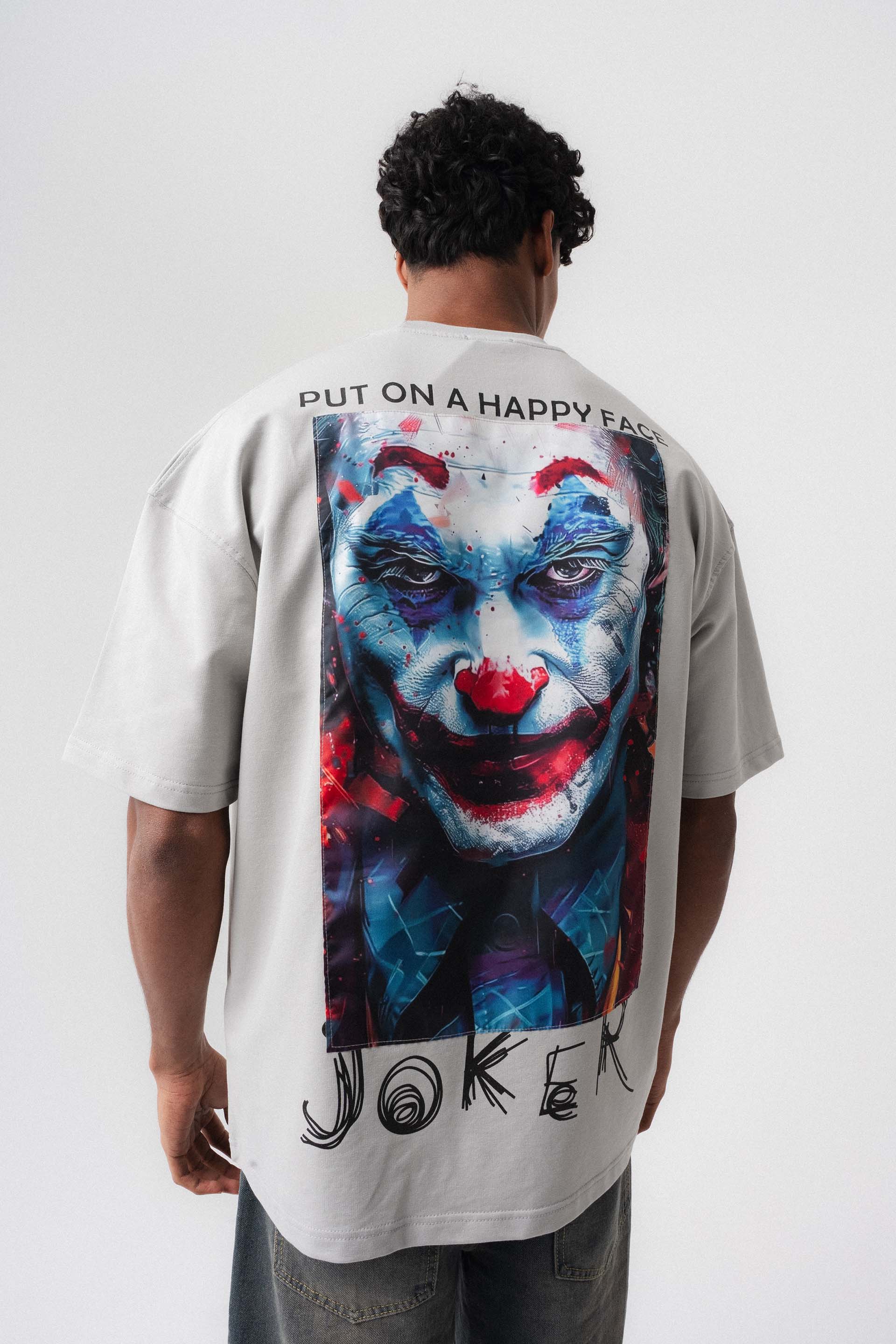 Joker Put On Happy Face Gri Oversize Baskılı T-Shirt